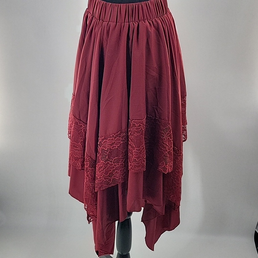 Burgundy Asymmetrical Hi Low Skirt With Lace Detail - Picture 16 of 16